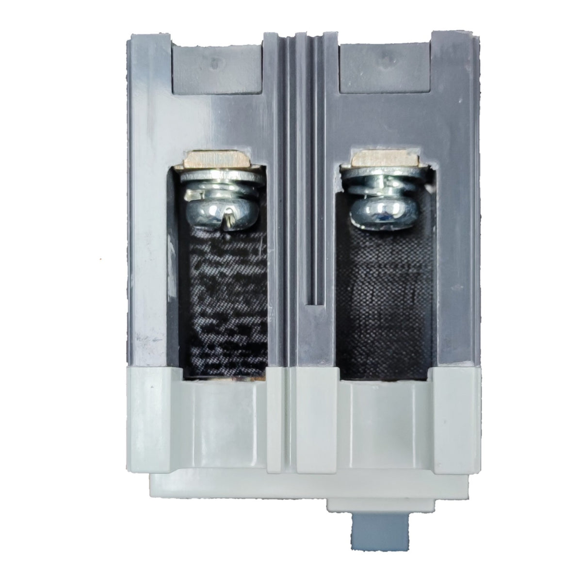 A dual-channel gray plastic water filter cartridge with black mesh screens and silver metal spring ends, shown against a plain white background.