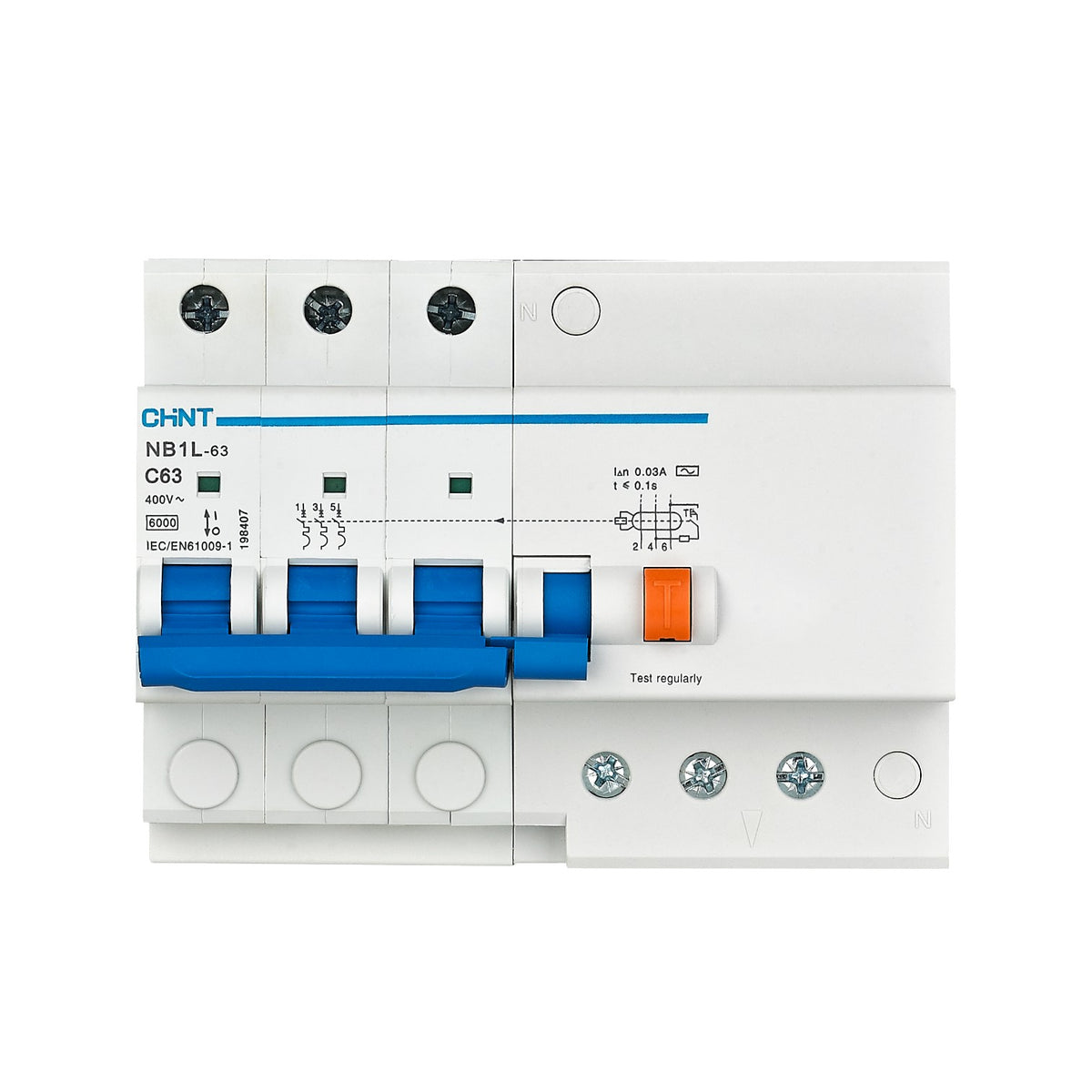 Chint 63A 3P+N 30mA 6KAIC 400V Residual Current Circuit Breaker with Overcurrent Protection RCBO NB1L-63-63A3P+N