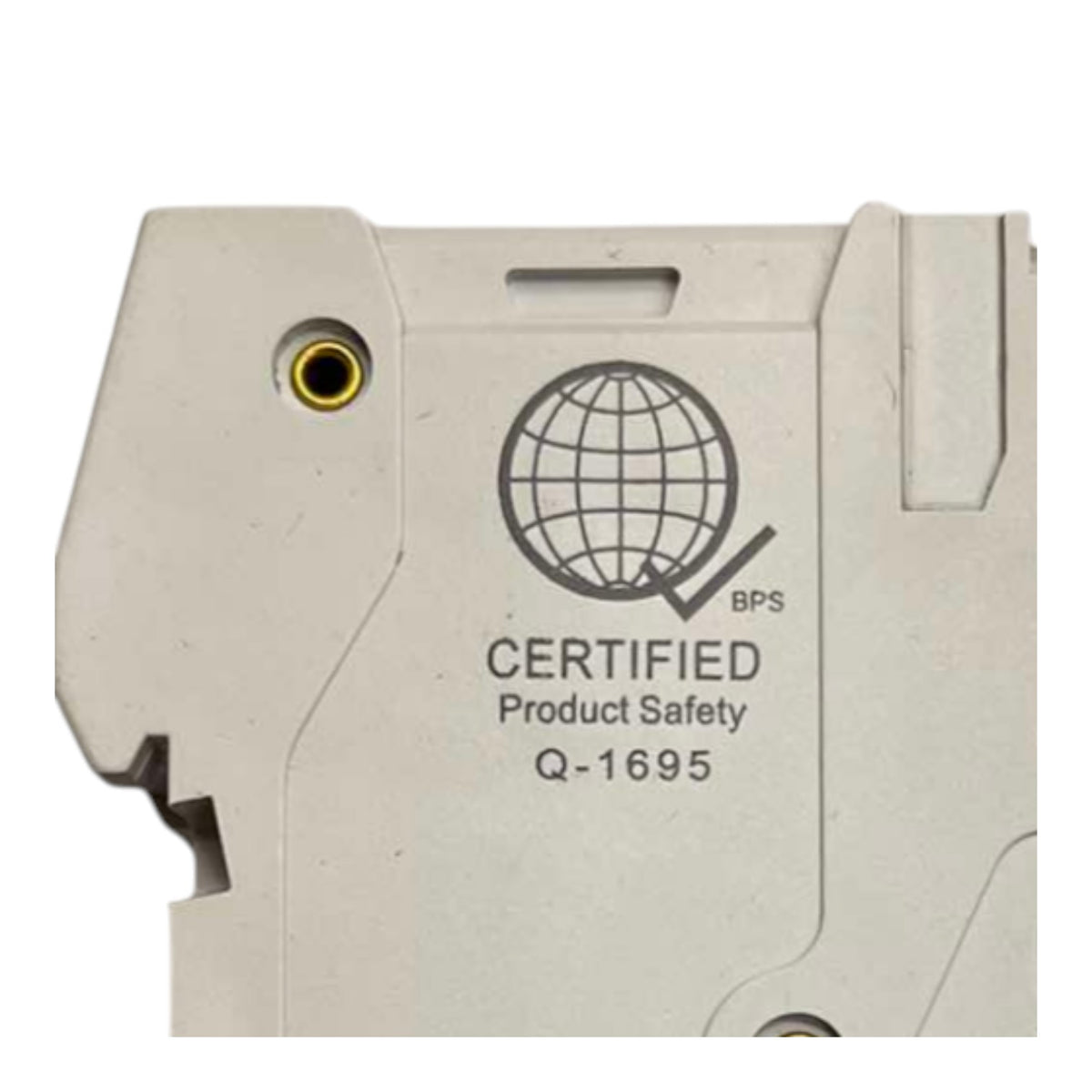 A close-up of a beige industrial electronic module with a 'CERTIFIED Product Safety' BPS logo and the model number Q-1695 printed on its side.