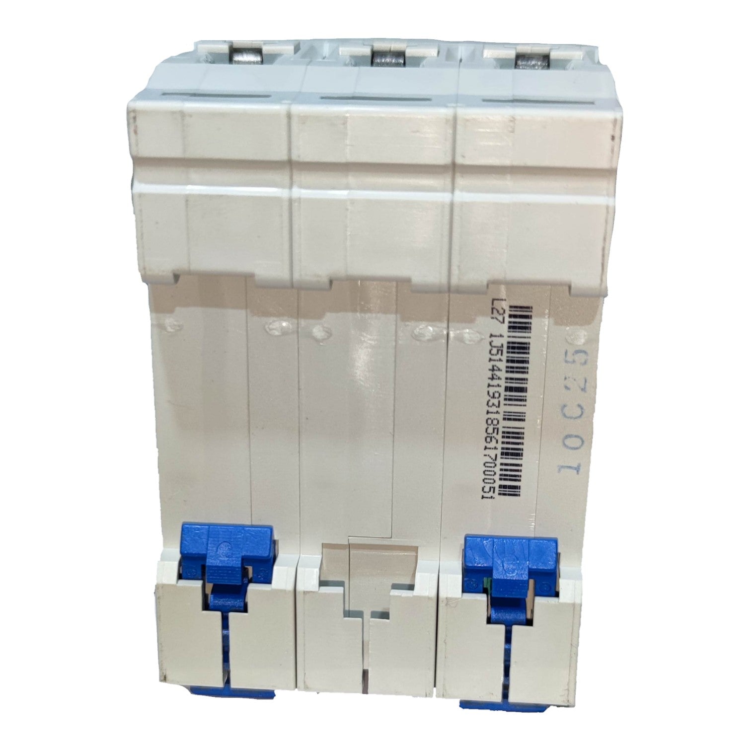 A three-pole circuit breaker with a white plastic housing and blue lever switches on the front, shown against a plain white background.