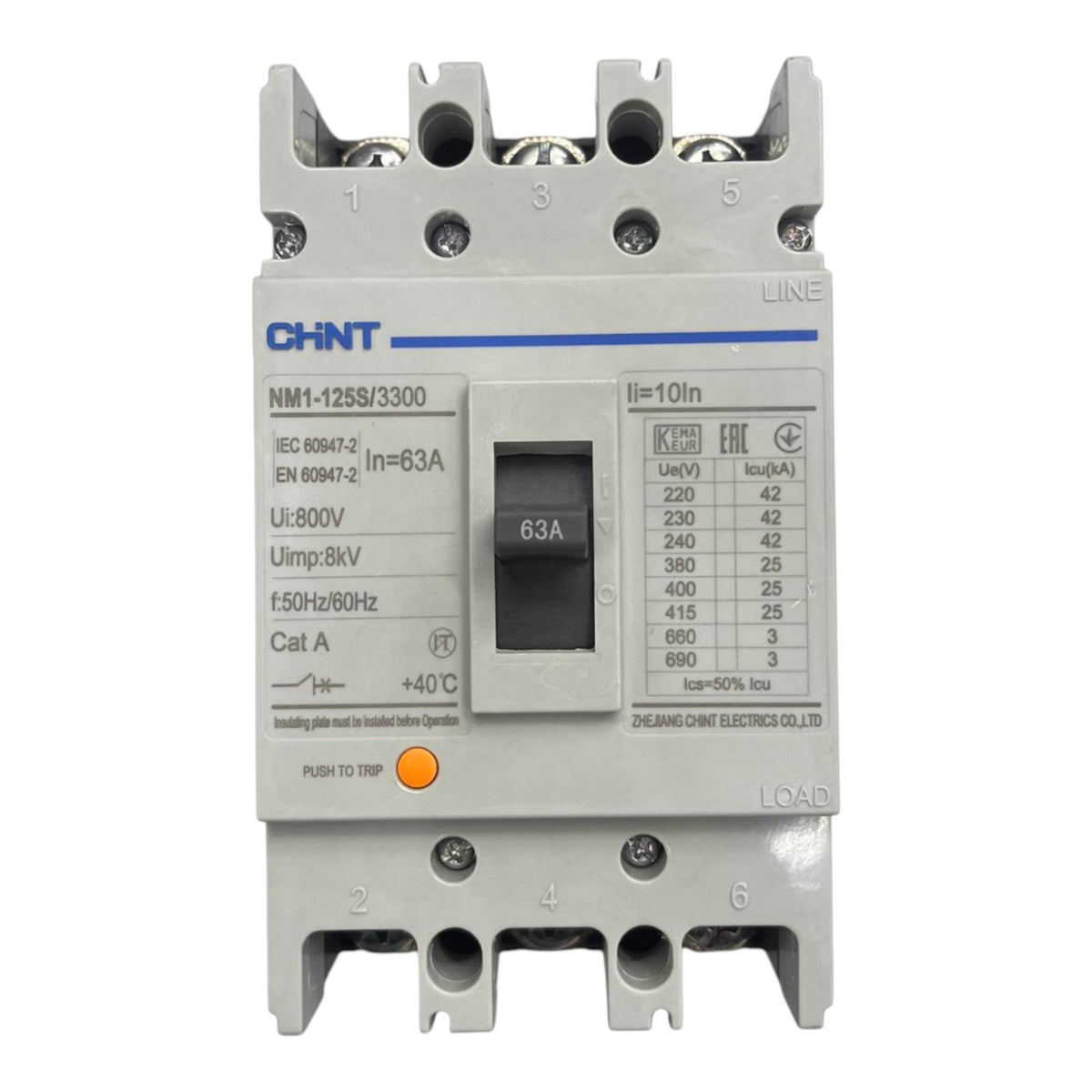 A CHINT NM1-125S/3300 electrical contactor with a gray plastic housing, black switch, and orange reset button, shown on a plain white background.