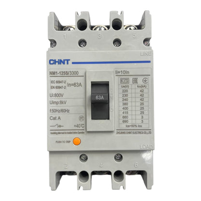 A CHINT NM1-125S/3300 electrical contactor with a gray plastic housing, black switch, and orange reset button, shown on a plain white background.
