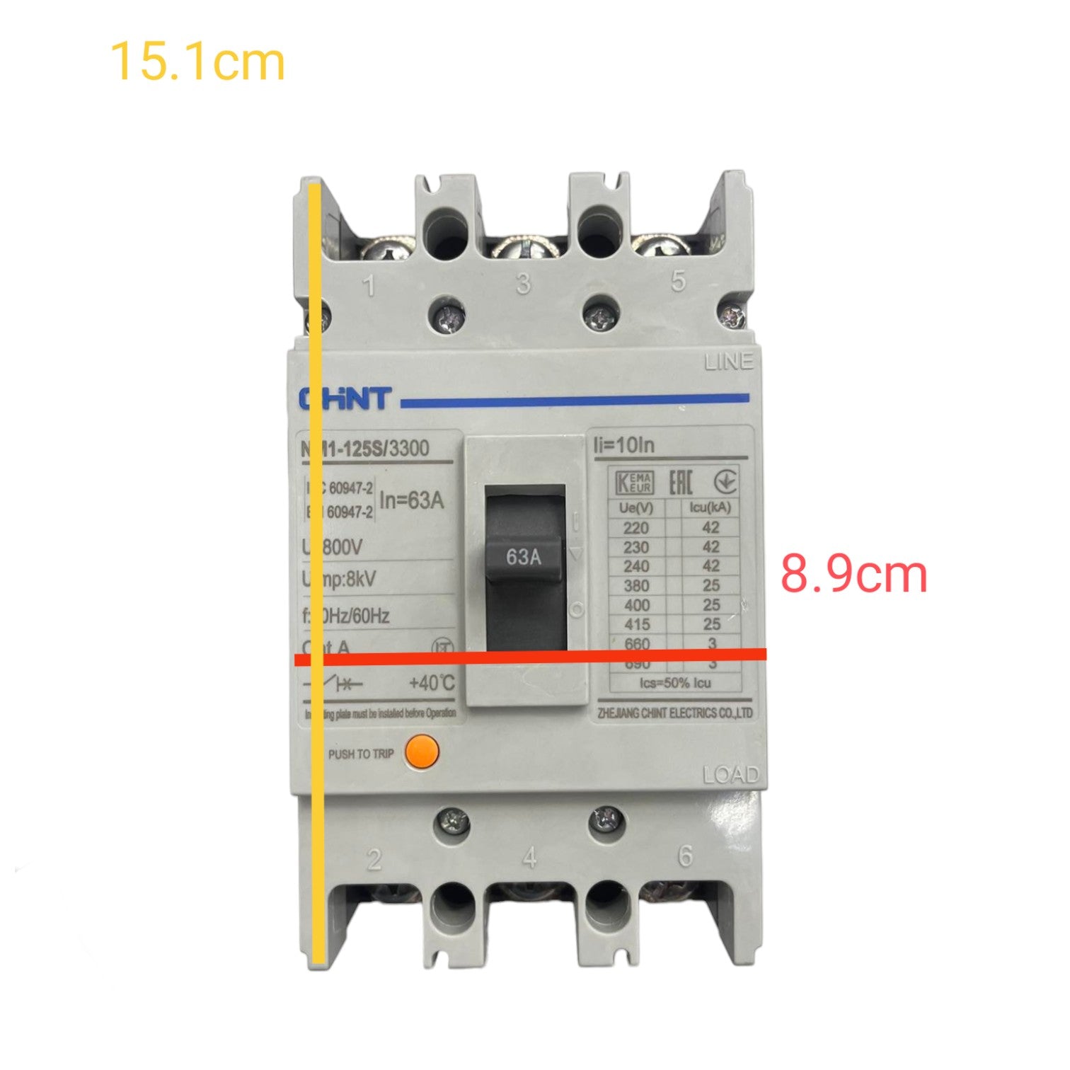 A HINT brand modular electrical contactor shown on a white background with yellow and red dimension lines and text indicating 15.1cm and 8.
