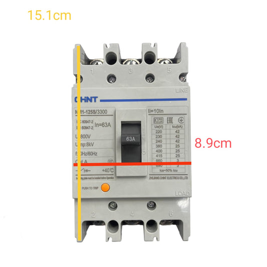 A HINT brand modular electrical contactor shown on a white background with yellow and red dimension lines and text indicating 15.1cm and 8.