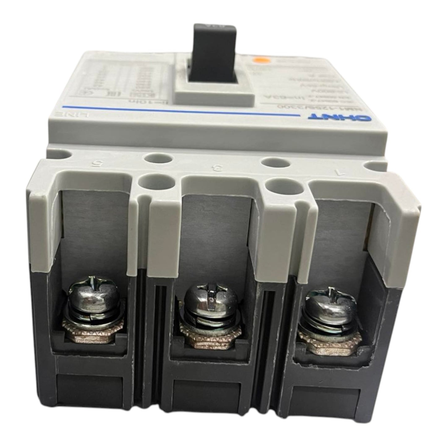 A three-phase electrical circuit breaker with a gray top cover, black front housing, and three terminal connections, shown on a plain white background.