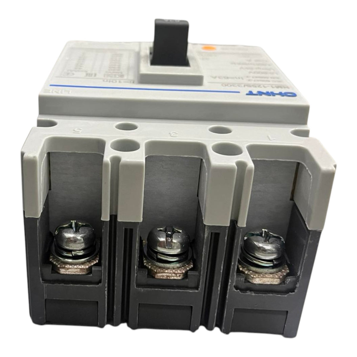 A three-phase electrical circuit breaker with a gray top cover, black front housing, and three terminal connections, shown on a plain white background.