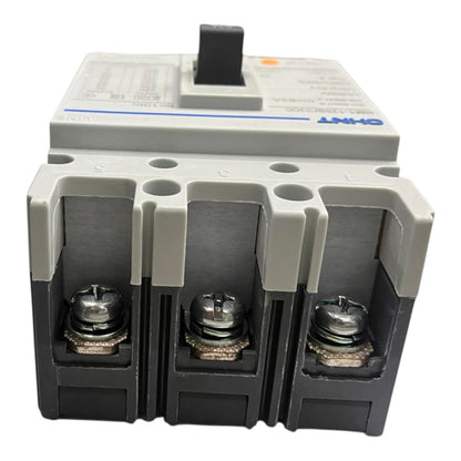 A three-phase electrical circuit breaker with a gray top cover, black front housing, and three terminal connections, shown on a plain white background.