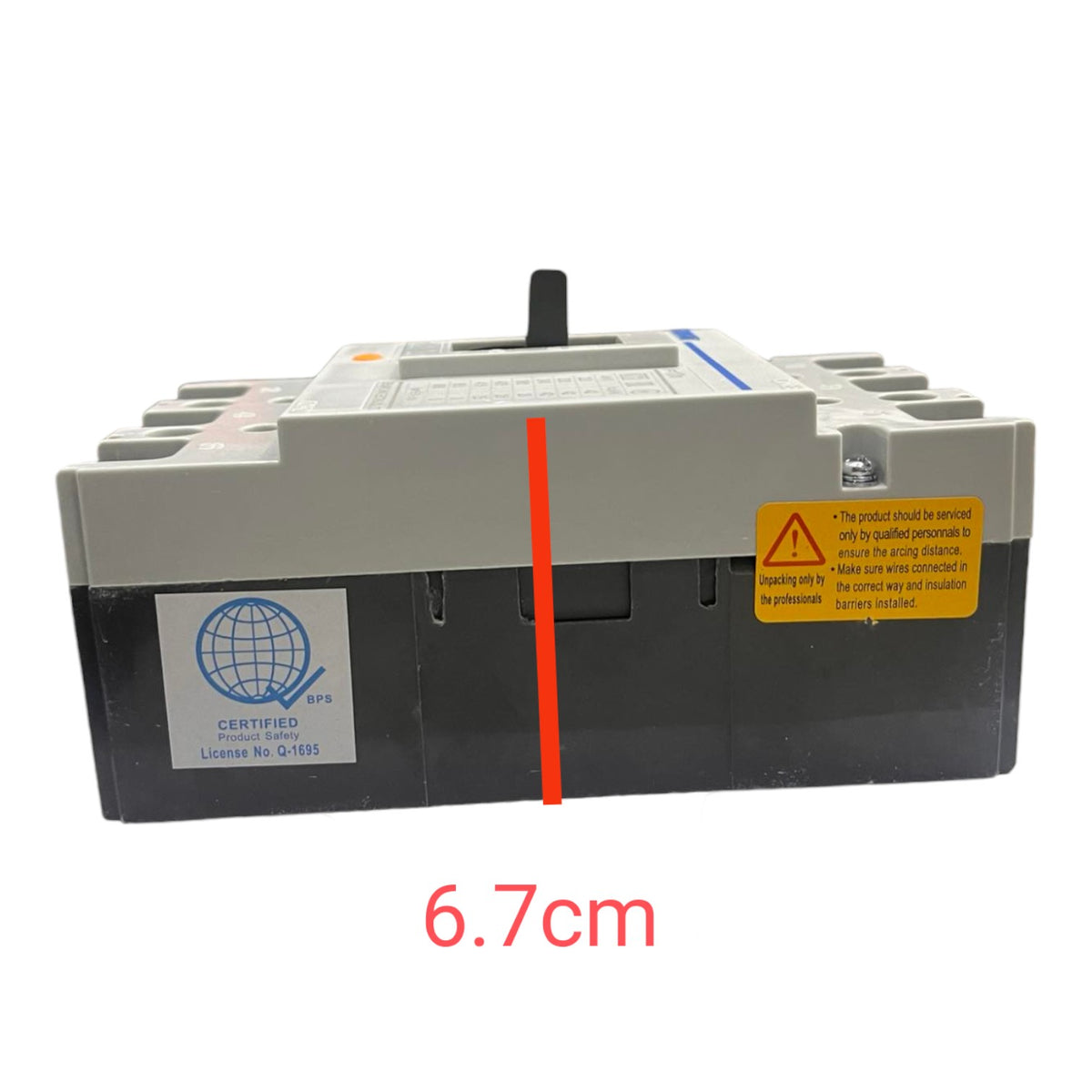 A gray and black electrical component with a red vertical measurement line and red text reading 6.7cm below it, on a plain white background.