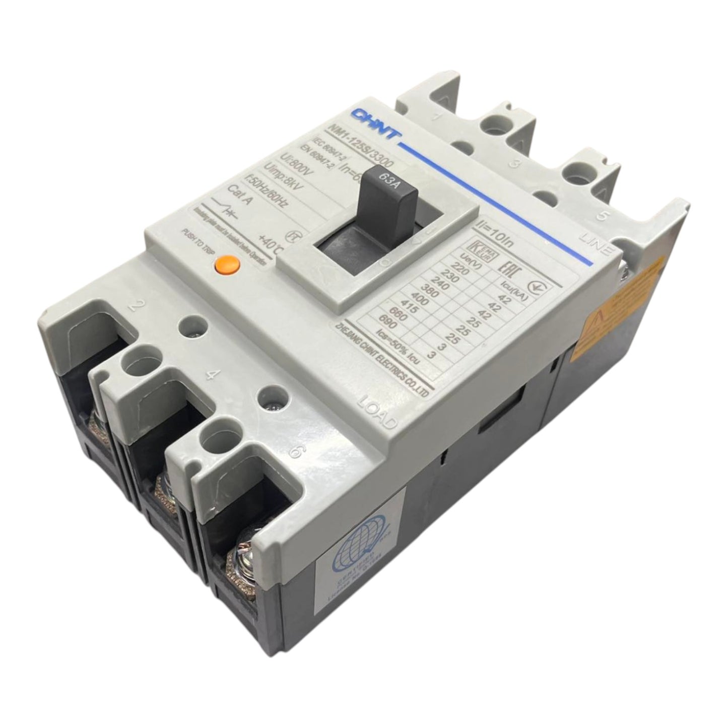 A CHNT electrical circuit breaker, model CMF30203035, featuring a gray plastic housing, black switch, and blue brand markings, shown on a plain white background.