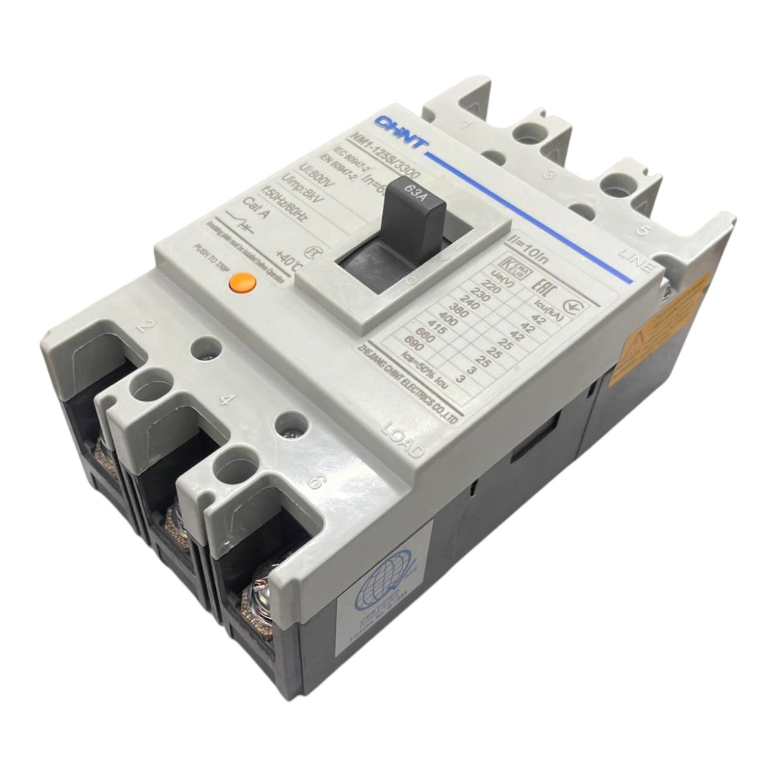 A CHNT electrical circuit breaker, model CMF30203035, featuring a gray plastic housing, black switch, and blue brand markings, shown on a plain white background.
