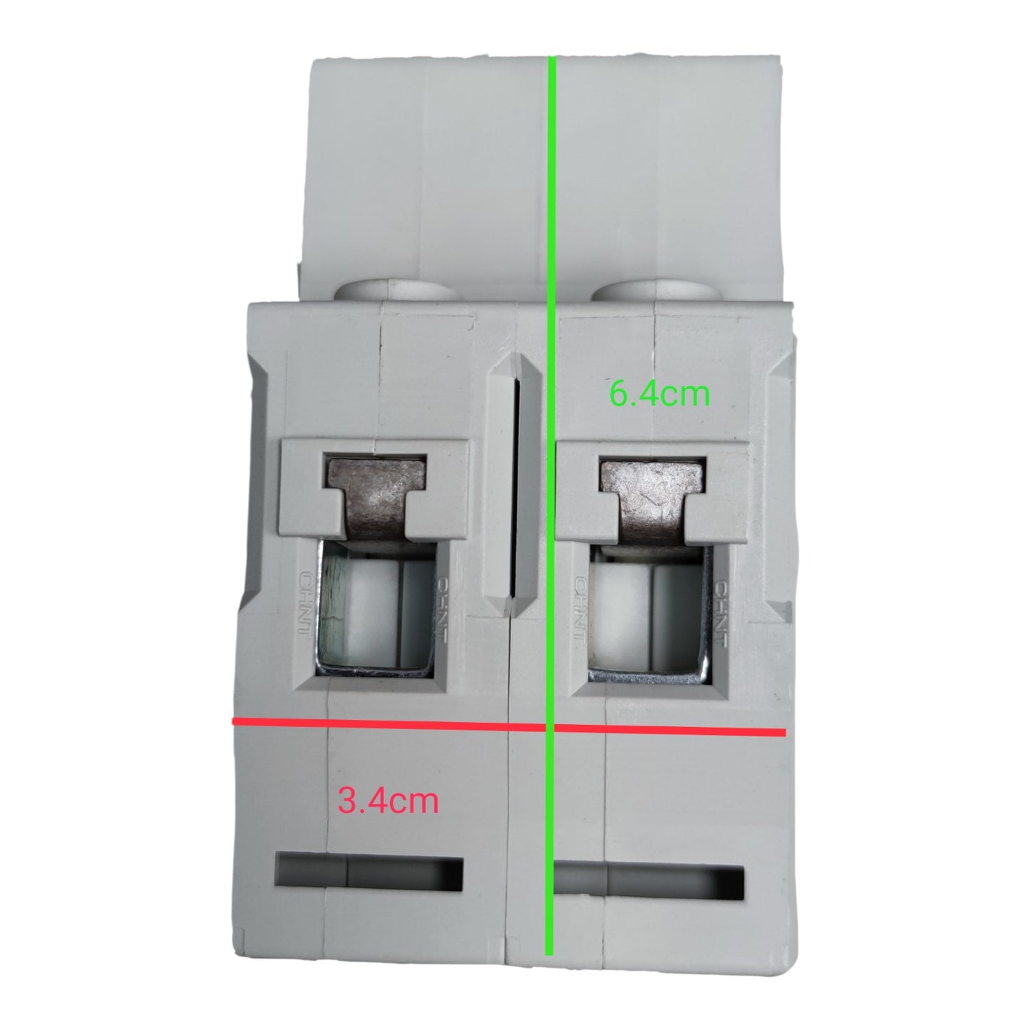 Electrical circuit breaker with measurements marked on a white background