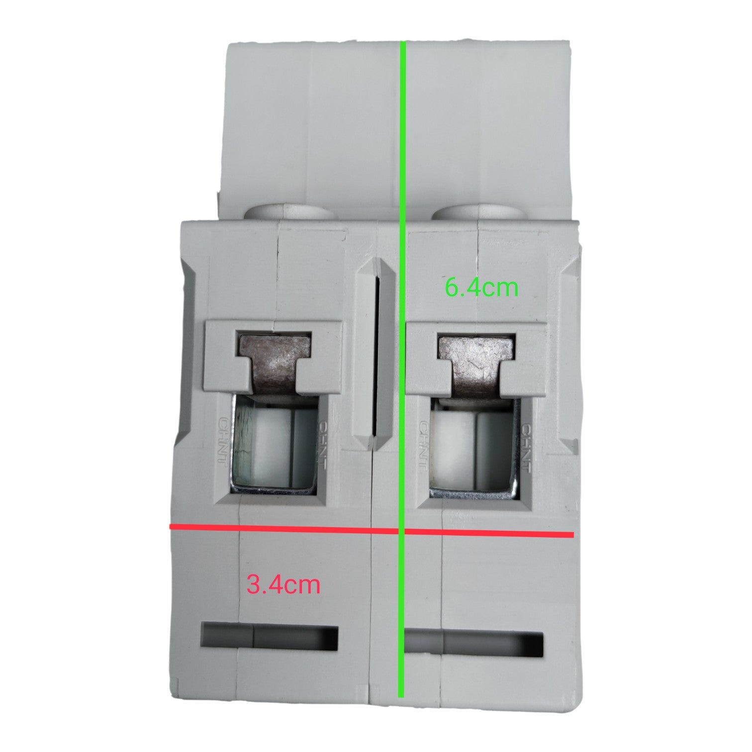 Electrical circuit breaker with measurements marked on a white background
