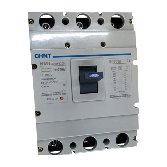 A CHNT NM1 circuit breaker with a silver metal housing, featuring a blue and black central switch handle and technical specifications printed on the front.