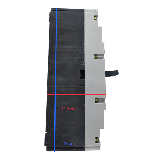 A large industrial electrical breaker or switch component shown from the side, with blue and red measurement lines and text indicating dimensions 11.6cm and 28cm, on a plain white background.