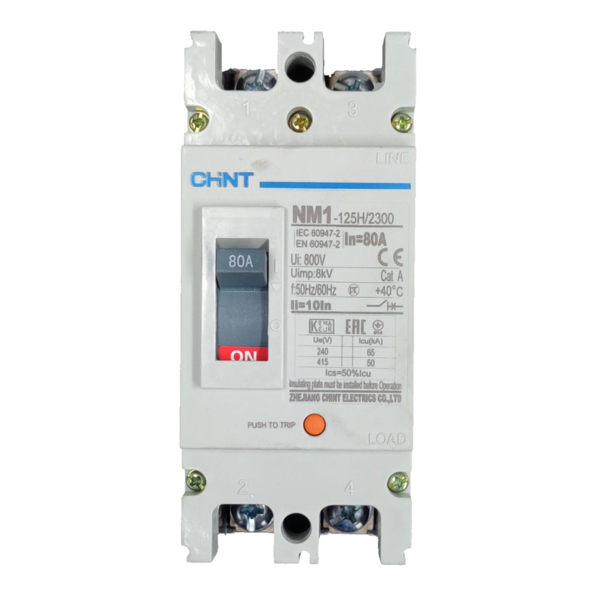 A CHINT NM1 electrical circuit breaker, model IN8064-2, featuring a white plastic housing, a blue and gray switch, and terminal connections on the top and bottom.