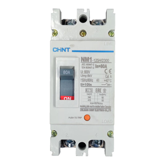 A CHINT NM1 electrical circuit breaker, model IN8064-2, featuring a white plastic housing, a blue and gray switch, and terminal connections on the top and bottom.