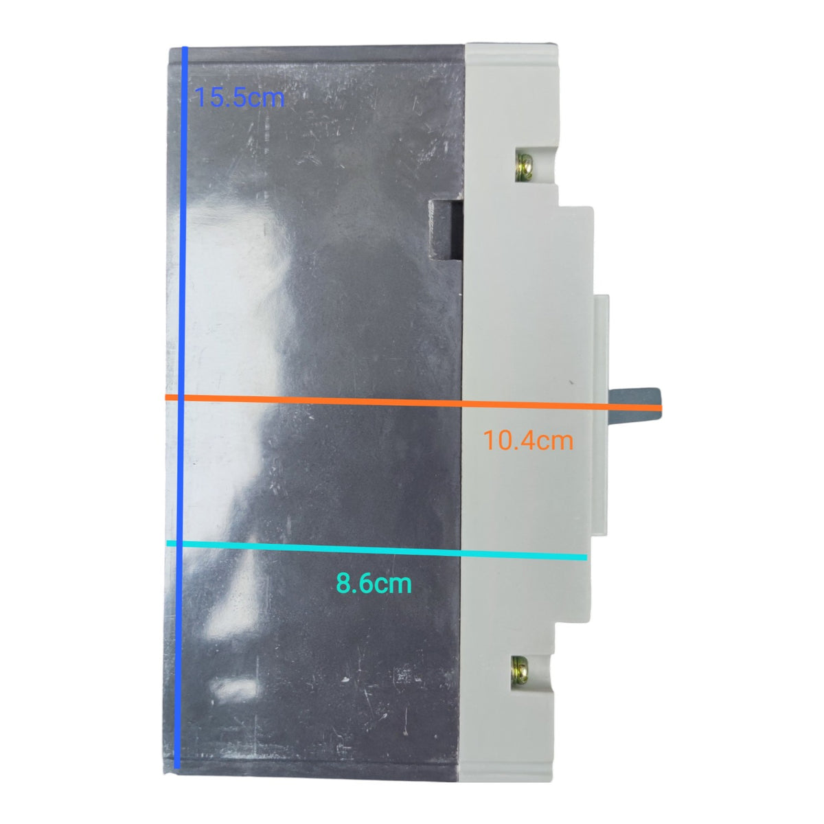 A gray and white electrical component with dimension markings showing 15.5cm, 10.4cm, and 8.6cm on a white background.