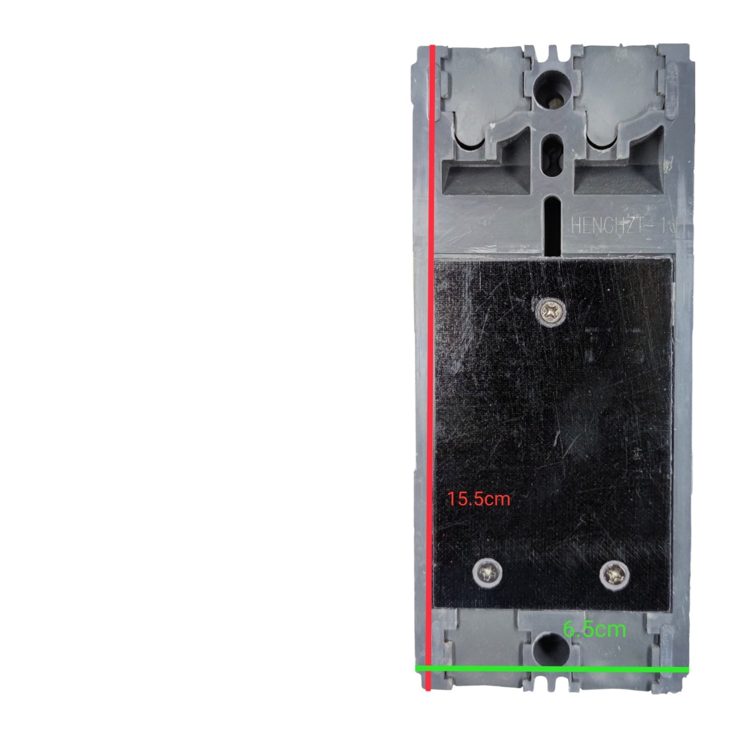A gray electrical contactor or relay component shown from the back, with a black central plate and measurement annotations in red and green indicating dimensions on a white background.