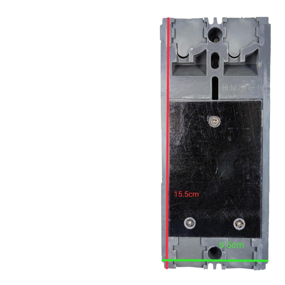 A gray electrical contactor or relay component shown from the back, with a black central plate and measurement annotations in red and green indicating dimensions on a white background.