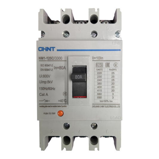 A CHINT NM1-125C/3300 circuit breaker with a 1-pole switch, rated 80A, shown against a plain white background.