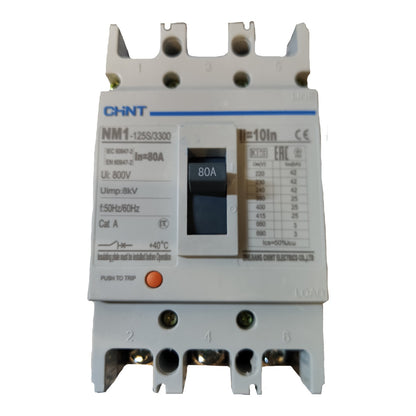 CHINT NM1-125S3/3300 80A circuit breaker with a white plastic housing, blue printed text and labels, and a black central switch, shown on a plain white background.