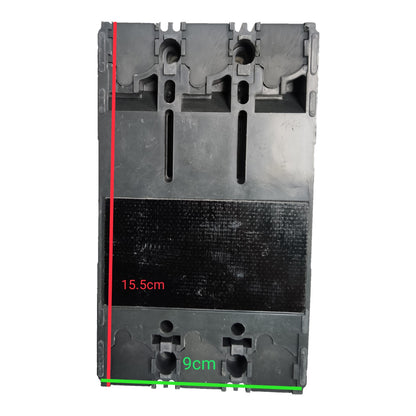 A black plastic electrical component or terminal block shown against a white background, with red and green measurement overlays indicating dimensions of 15.5cm and 9cm.