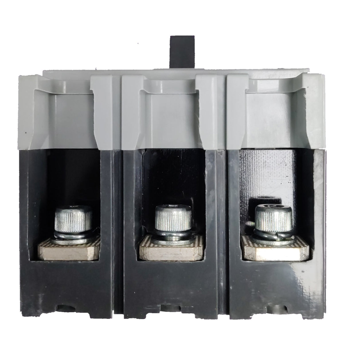 A three-phase electrical contactor or relay component with a gray plastic top cover, black internal housing, and silver metal terminal screws, shown against a plain white background.