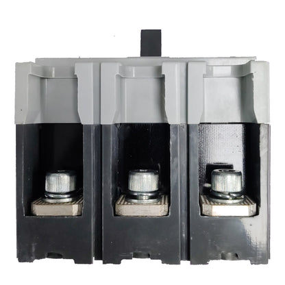 A three-phase electrical contactor or relay component with a gray plastic top cover, black internal housing, and silver metal terminal screws, shown against a plain white background.