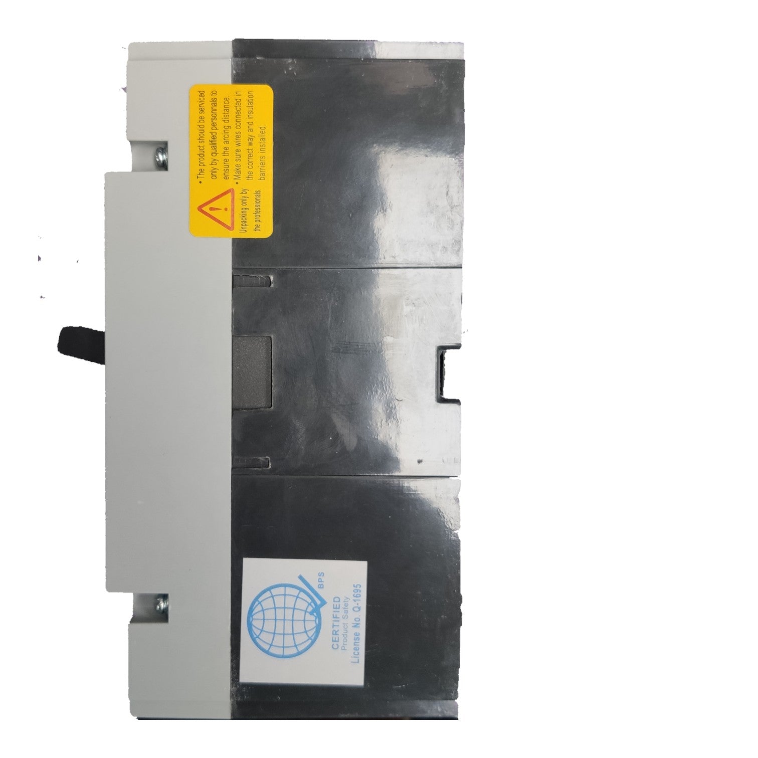 A heavy-duty industrial electrical contactor or relay module with a metallic silver body, gray side casing, a yellow warning label, and a white certification sticker, shown against a plain white background.