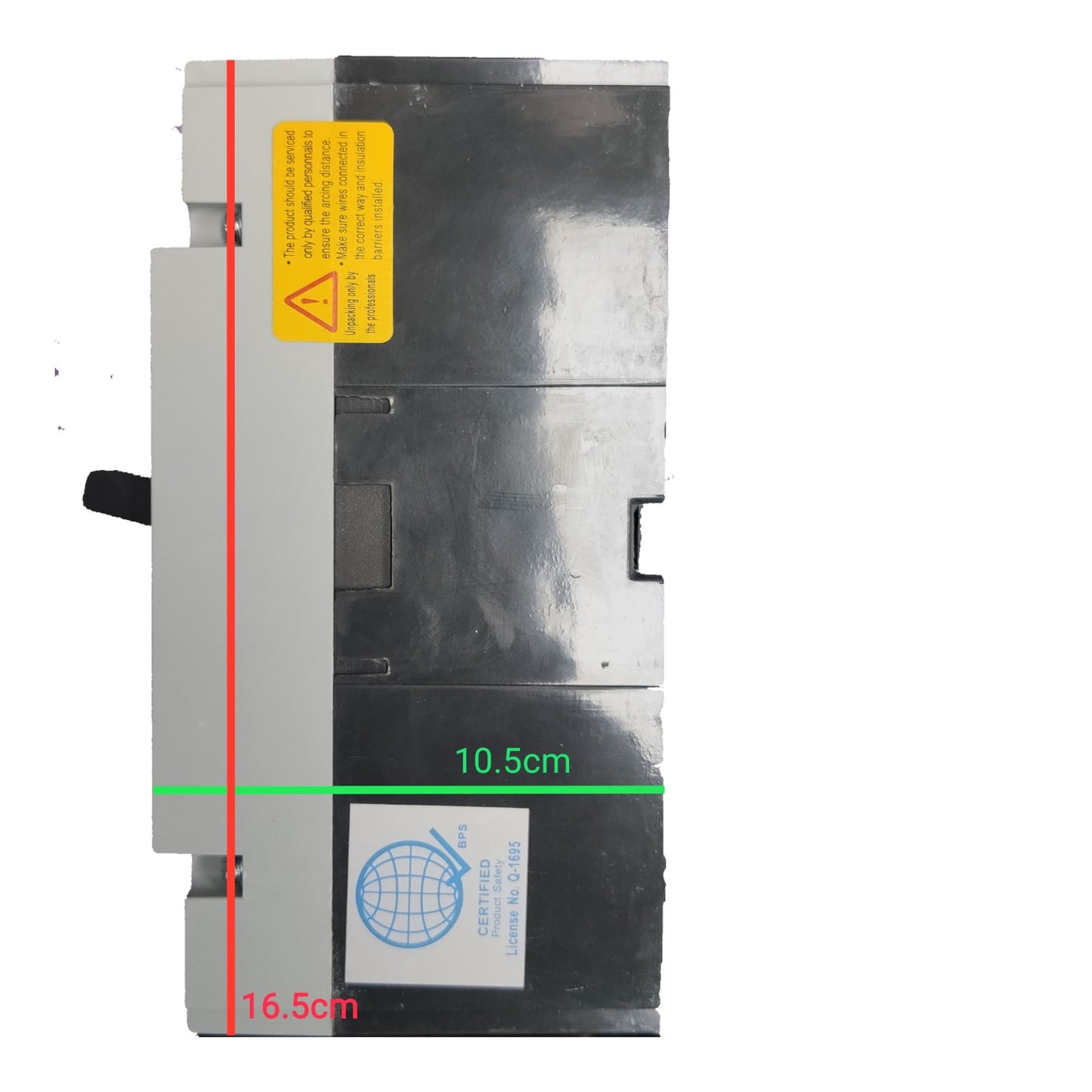A rectangular industrial electrical component or switch module shown against a plain white background, with red, green, and black dimension lines and text indicating measurements of 16.5 cm, 10.