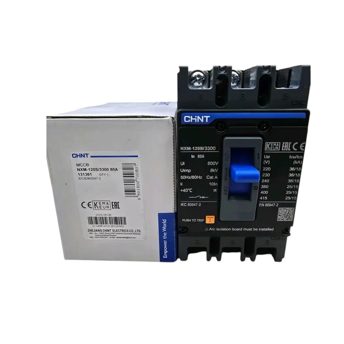 CHNT KZM-135S1/300 MA contactor main unit in black with blue accents, shown next to its white branded retail box on a plain white background.