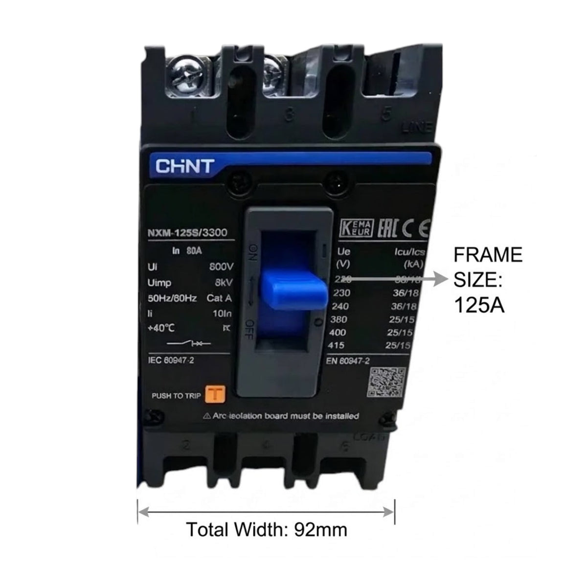 A CHINT brand NXM-1.25S/3200 circuit breaker shown on a white background with dimension annotations indicating a total width of 92mm and frame size 125A.