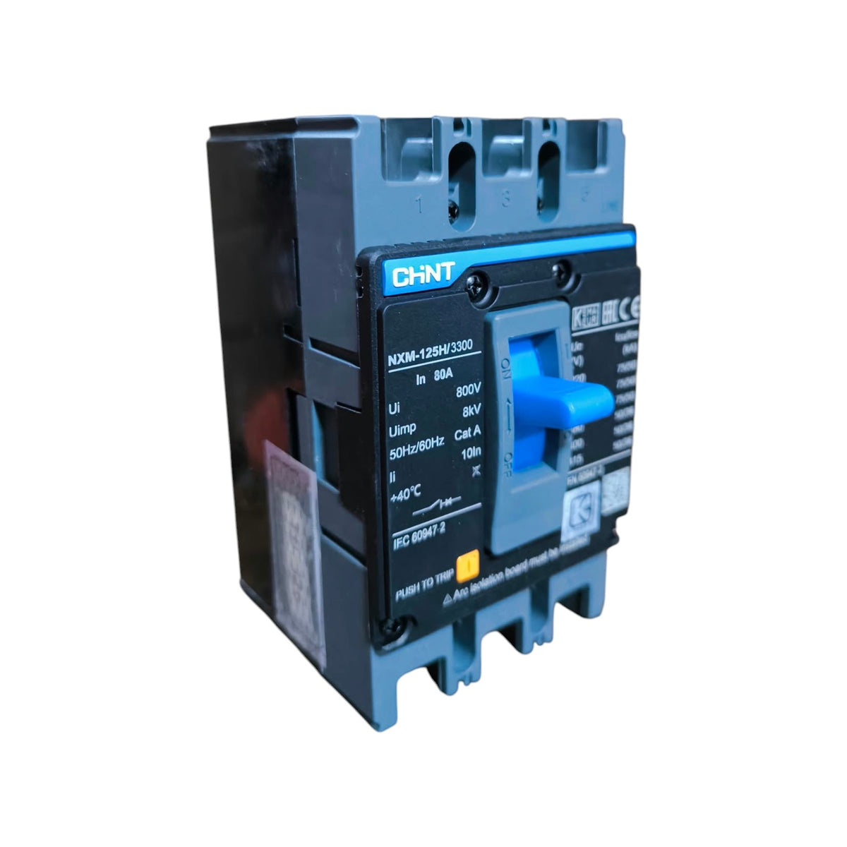 CHNT brand modular electrical contactor with a blue handle and blue accents on a dark gray housing, isolated on a white background.