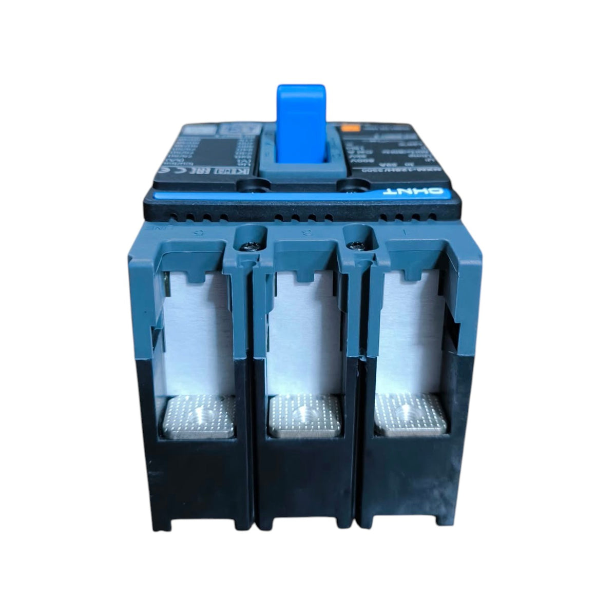 A three-pole electrical circuit breaker with a blue handle on top, featuring three open terminal compartments with silver contacts, photographed against a plain white background.