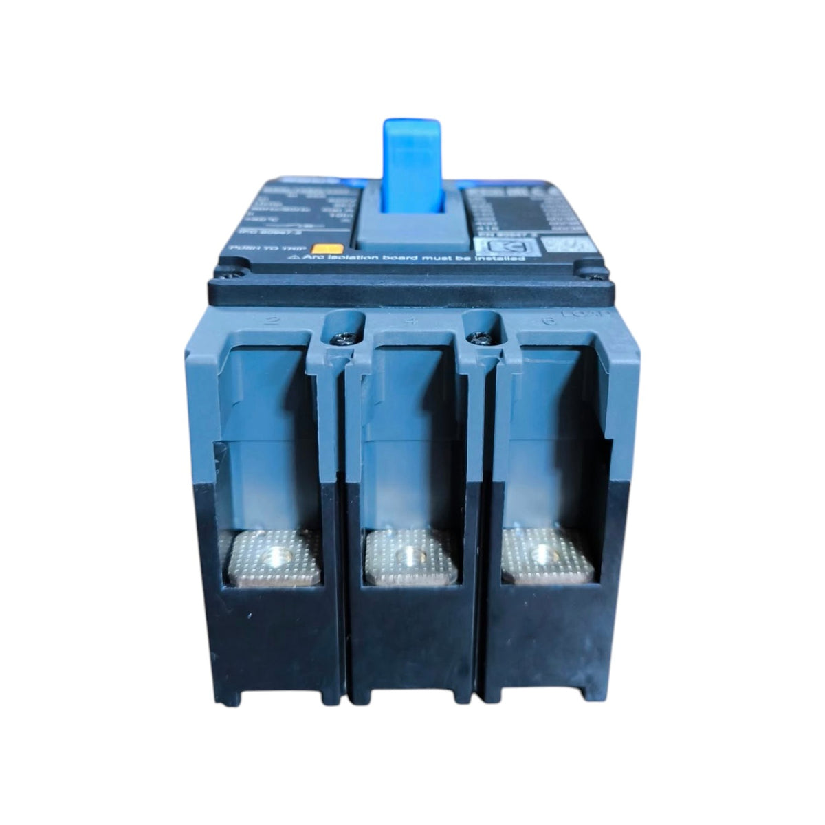 A three-pole electrical circuit breaker with a blue handle and dark gray plastic housing, shown against a plain white background.