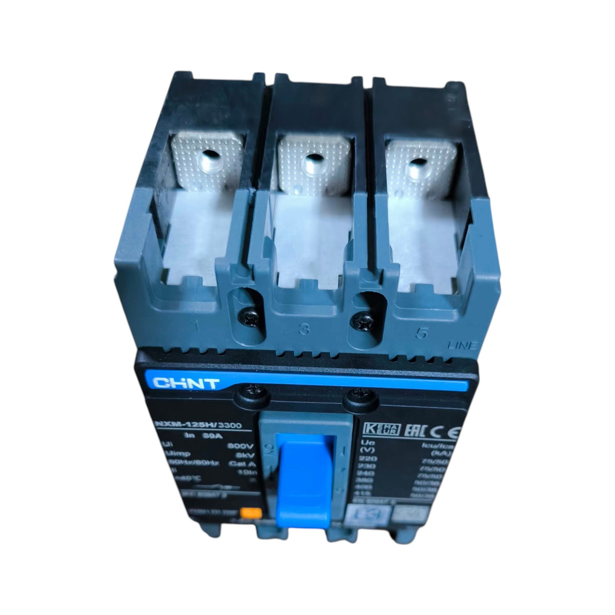 A CHNT brand modular electrical circuit breaker, model DKS40L-384N3200, featuring a dark gray plastic body, blue accents on the handle and branding, and three terminal blocks at the top, shown against a plain white background.