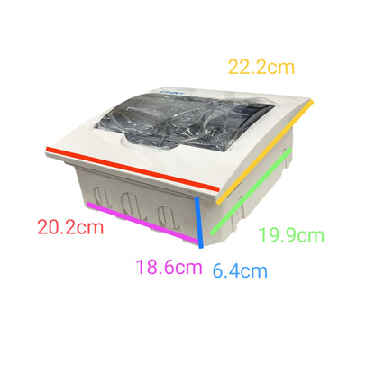 A white plastic storage container with a clear plastic lid, shown with colorful dimension lines and text labels indicating measurements of 22.2cm, 20.
