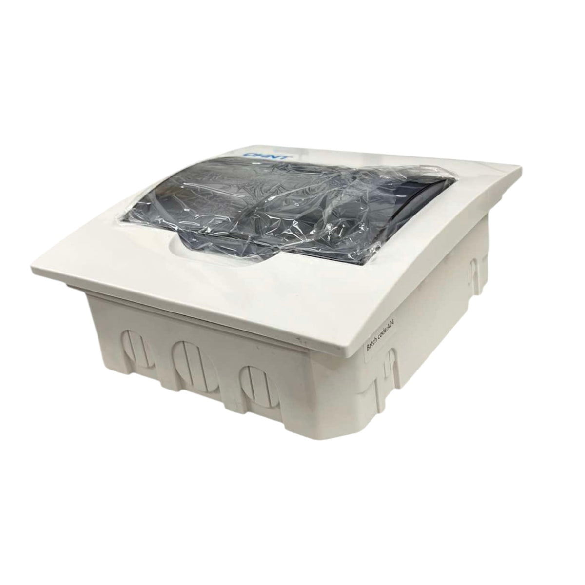 A white plastic rectangular utility box or bin with a clear plastic cover on top, photographed on a plain white background.