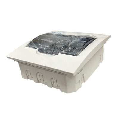 A white plastic rectangular utility box or bin with a clear plastic cover on top, photographed on a plain white background.
