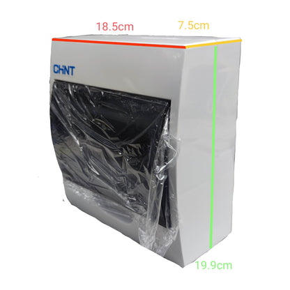 A white rectangular CHNT device or enclosure with a black front panel covered in clear plastic, shown on a white background with overlaid dimension lines and text reading 18.5cm, 7.
