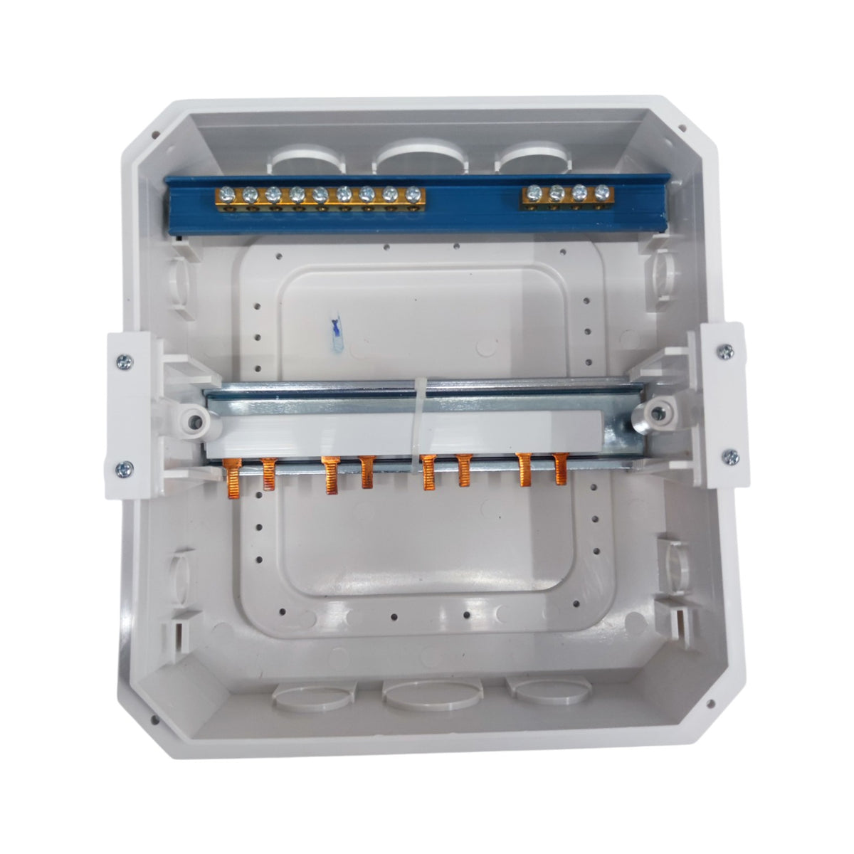 An open white plastic junction box with internal metal busbars, copper-colored terminal blocks, and mounting brackets, shown on a plain white background.