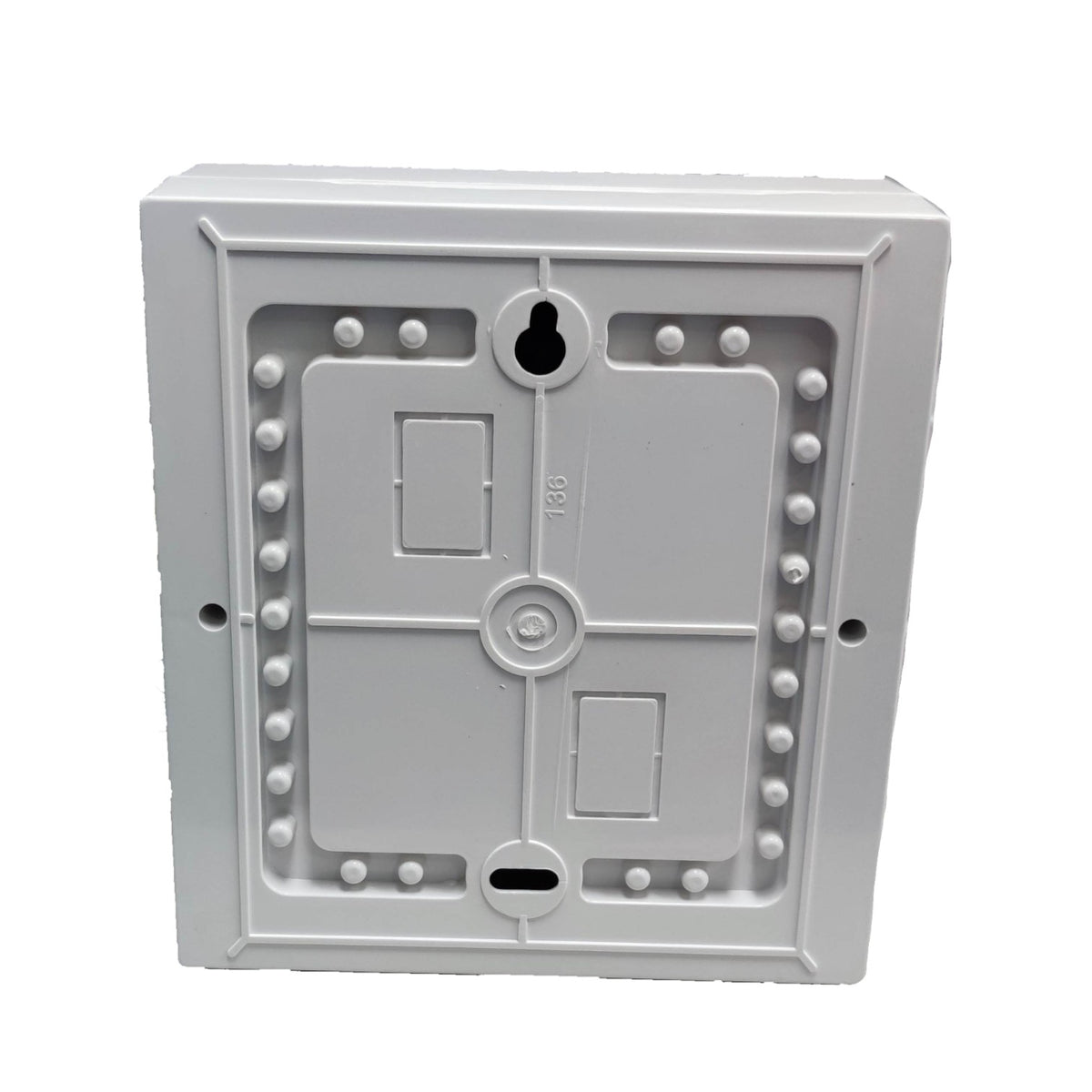 A light gray plastic junction box backplate or electrical enclosure base, shown from the rear against a plain white background.