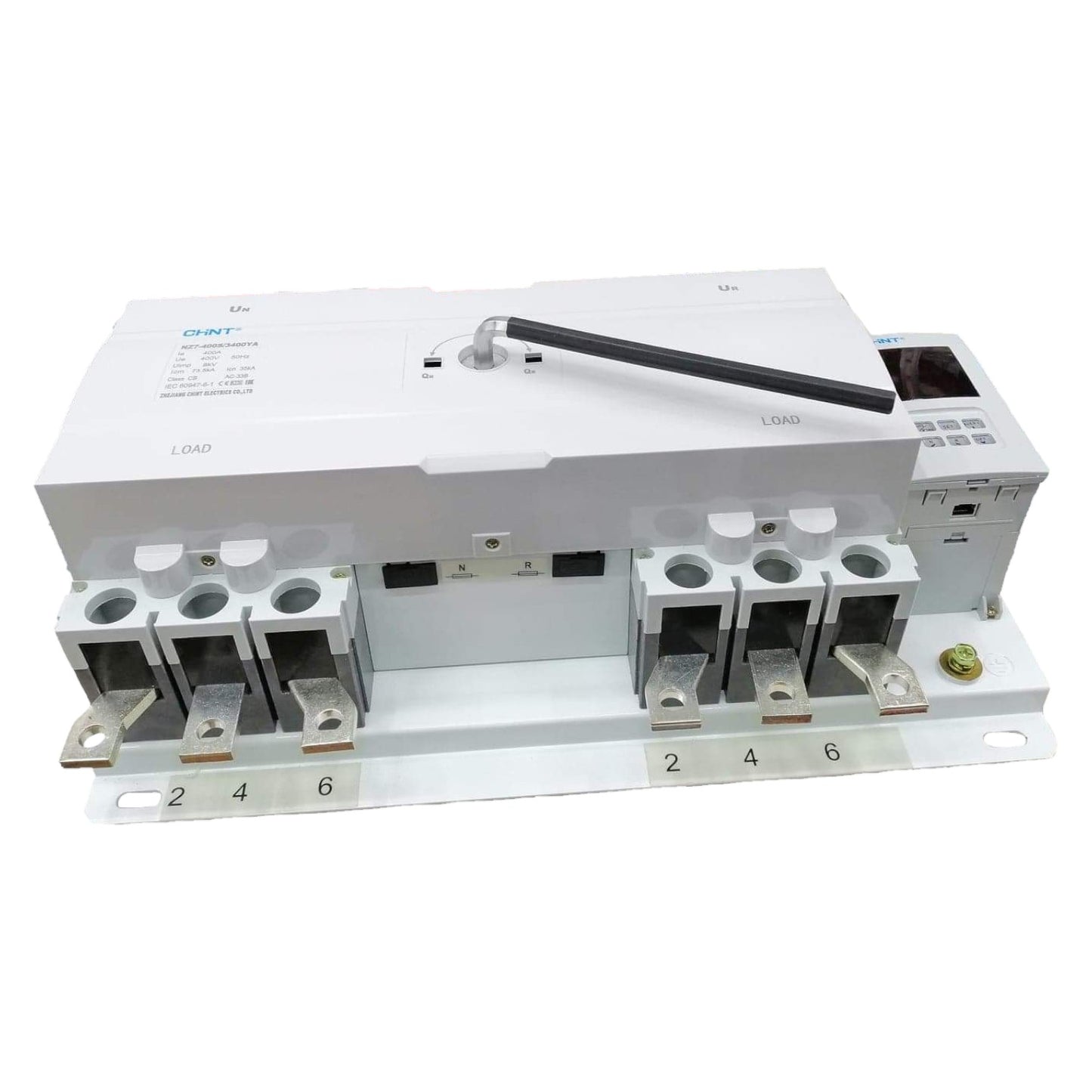 Electrical panel with multiple sockets and connectors on a white background