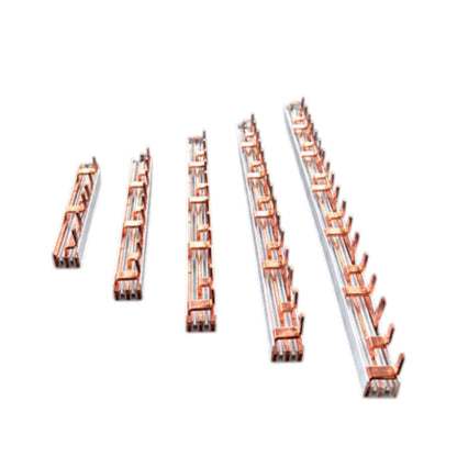 Five long rectangular metal racks or brackets shown on a plain white background, arranged by size from left to right. The product appears to have a silver frame with copper or bronze-colored inner bars and brackets.