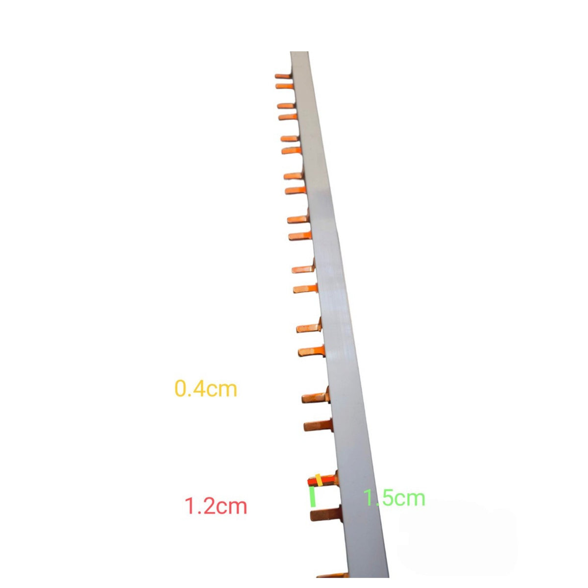 A long narrow silver-gray metal rod or strip shown diagonally on a white background, with small orange-brown rectangular pieces attached along one side. Yellow, red, and green dimension labels are overlaid near the bottom right and middle left, indicating measurements of 1.