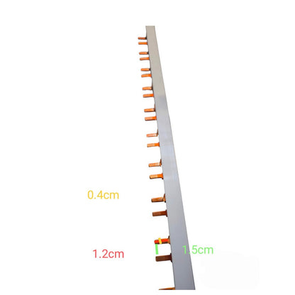 A long narrow silver-gray metal rod or strip shown diagonally on a white background, with small orange-brown rectangular pieces attached along one side. Yellow, red, and green dimension labels are overlaid near the bottom right and middle left, indicating measurements of 1.