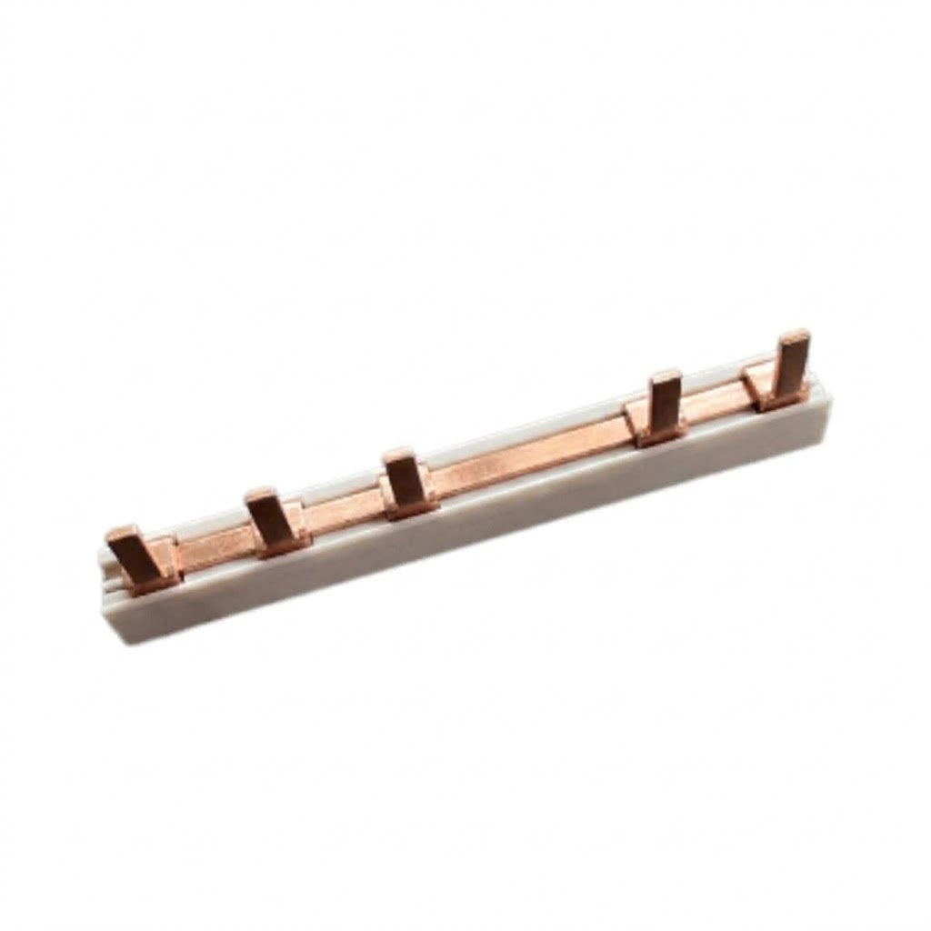 A copper bus bar with five terminal posts on a white insulating base, shown on a plain white background.