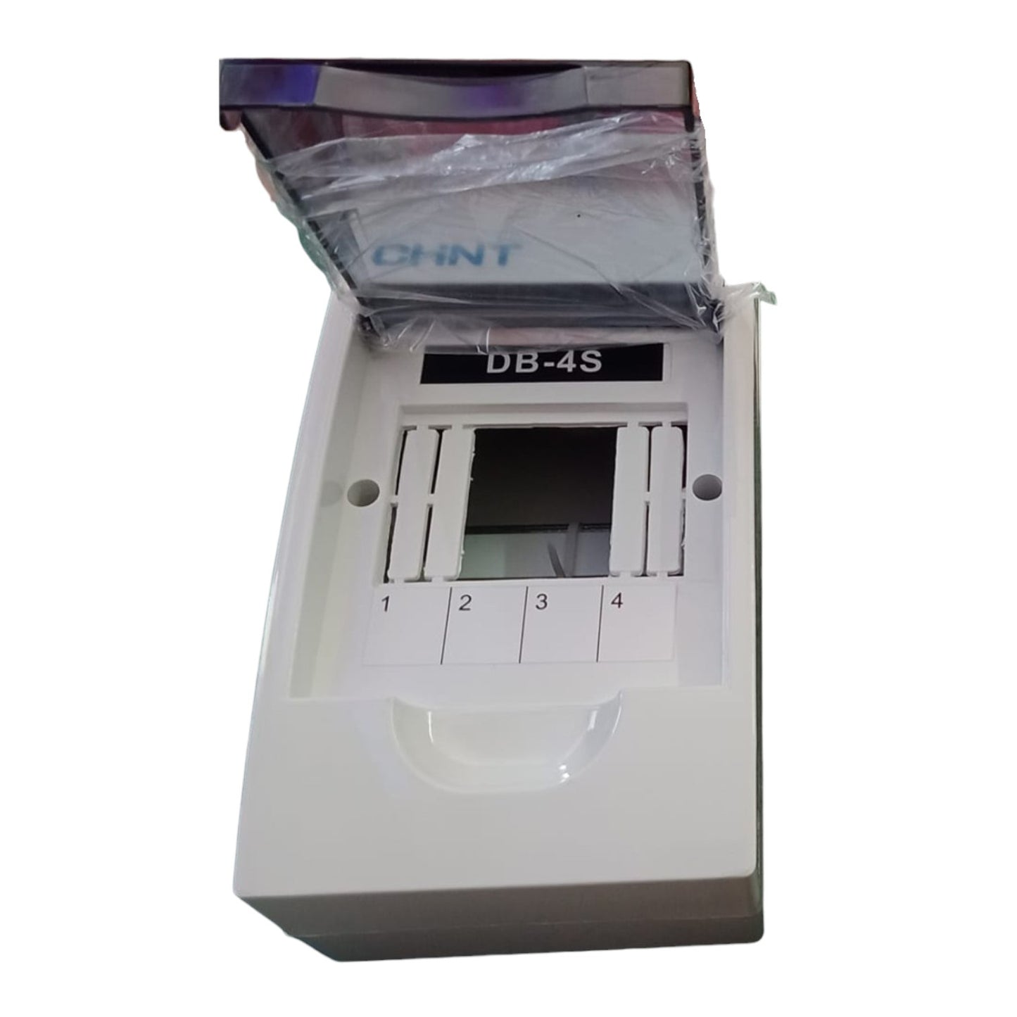White electronic device with 'DB-4S' label and clear plastic cover on a white background