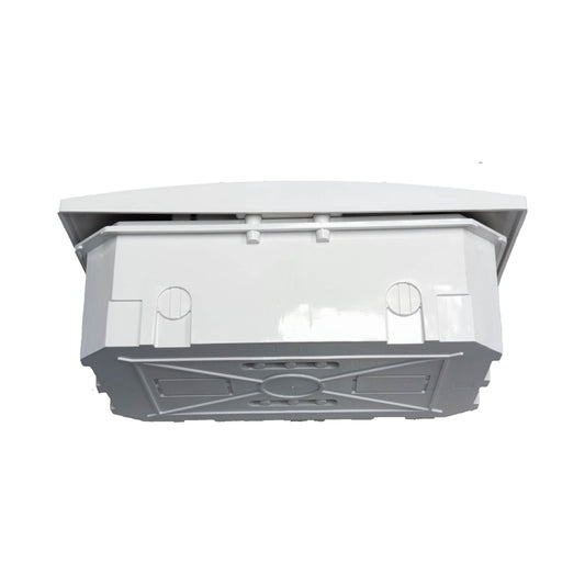 A white plastic utility or drainage box with a hinged lid, shown from a top-down perspective on a solid white background.