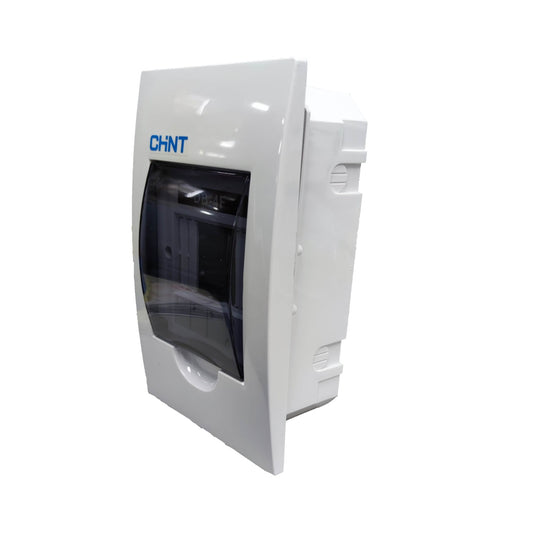 A white CHNT electrical distribution box with a transparent window showing internal components, set against a plain white background.